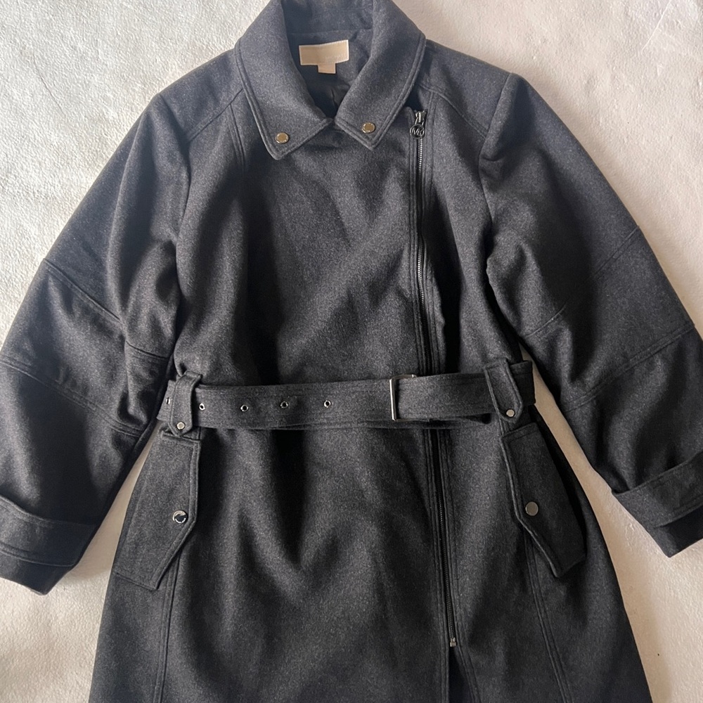 Michael Kors Gray Wool Blend Belted Double-Breasted Pea Coat